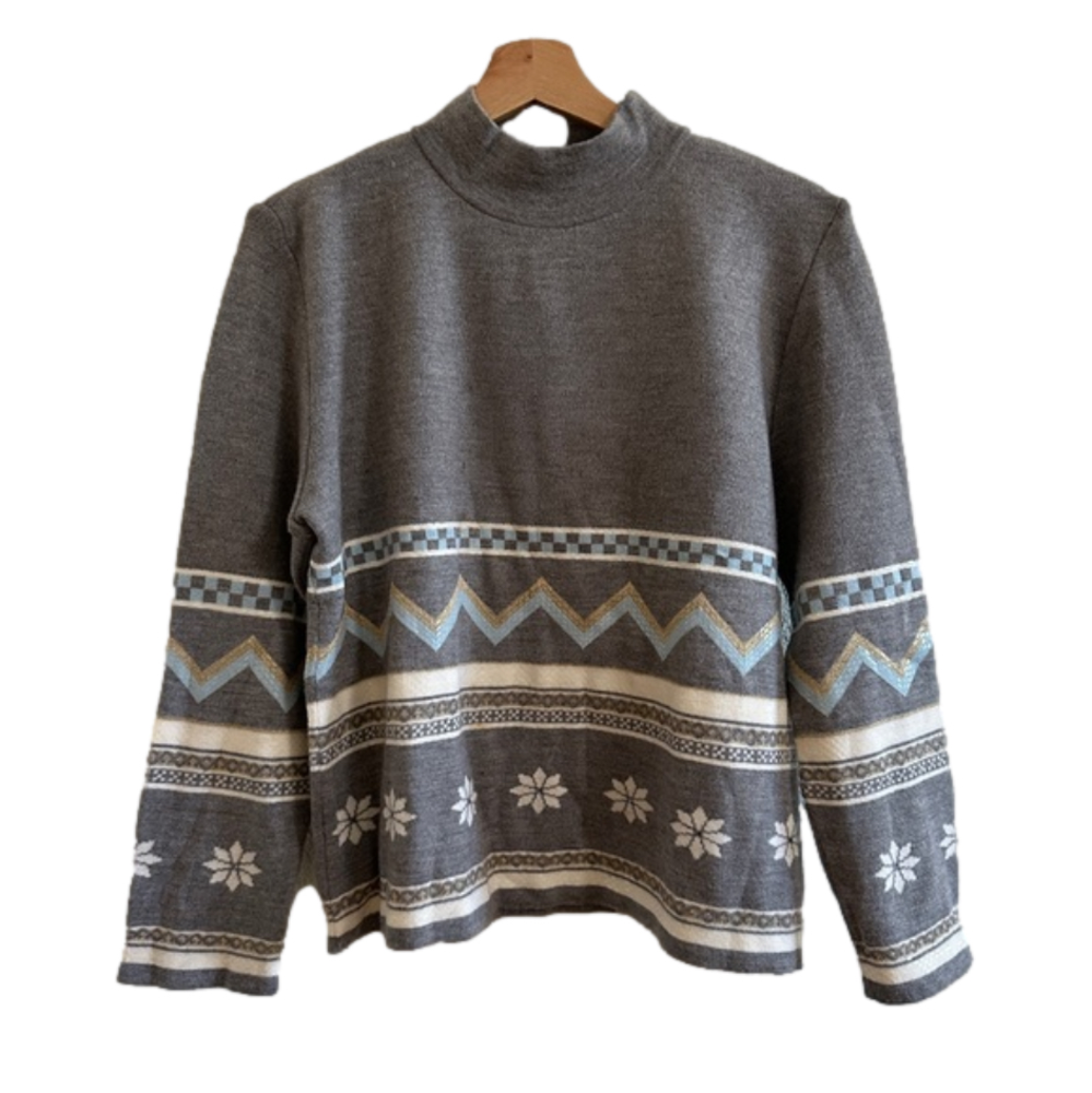 St John Sport Gray Holiday Winter Sequins Snowflake Mockneck Long Sleeve Sweater